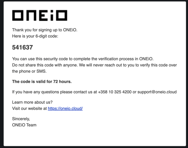ONEiO Verification Code Email